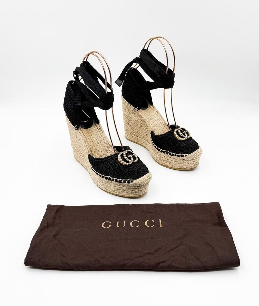 Gucci Lilibeth Black Crochet Wedge Espadrilles Pearl GG Ankle Wrap Size 39, 9